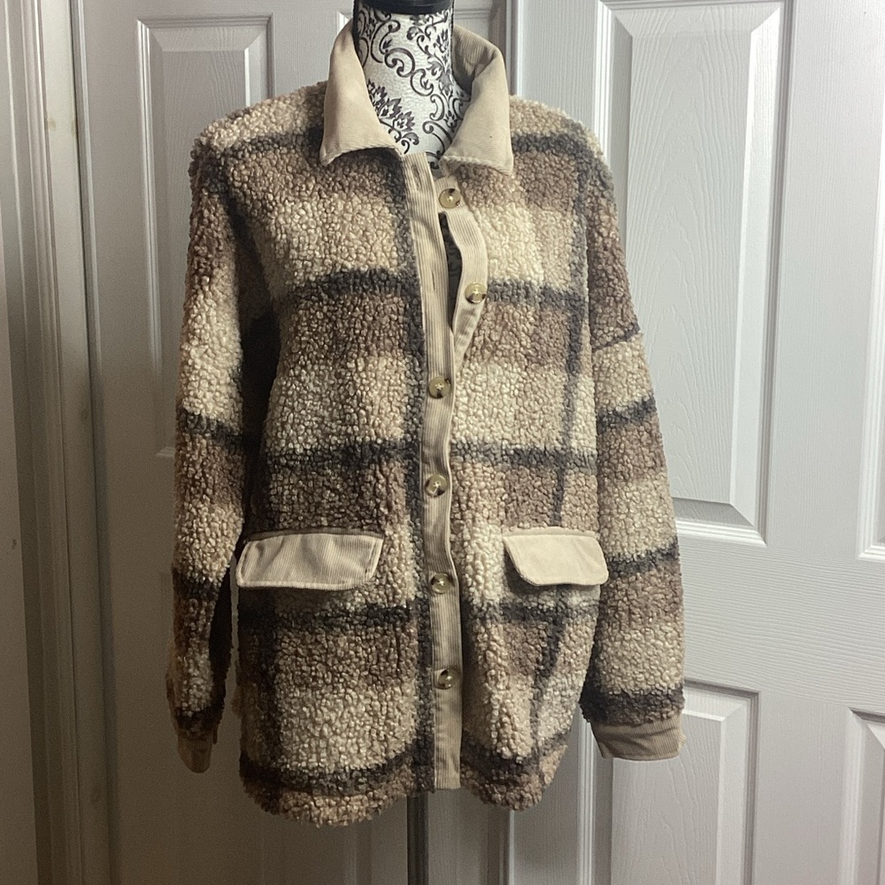 Altar'd State Plaid Teddy Jacket - Brown & Cream M